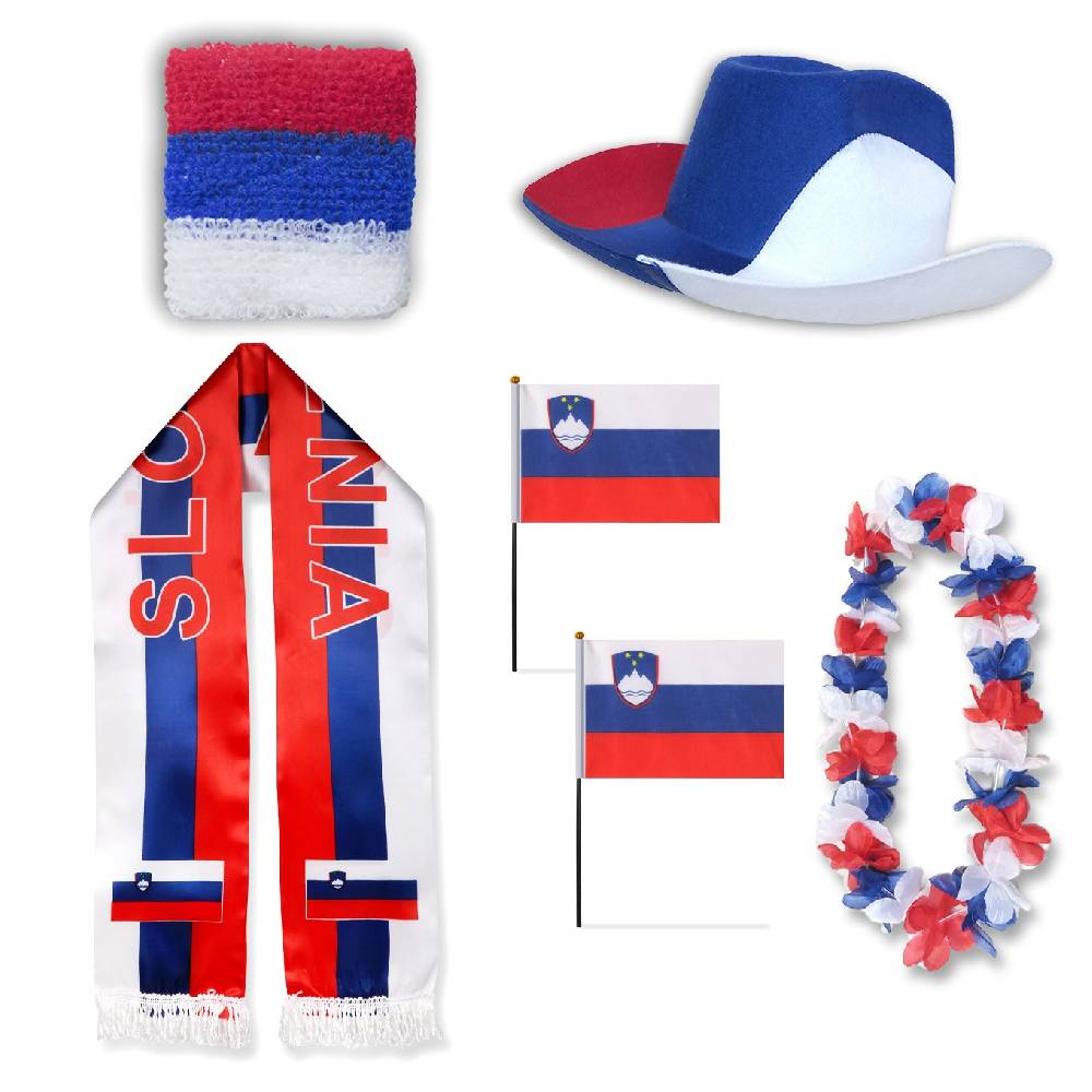 Sonia Originelli Fan-Paket "Slowenien" Slovenia WM EM Fußball Schal Hawaiikette Hut Schweissband Fahne Flagge