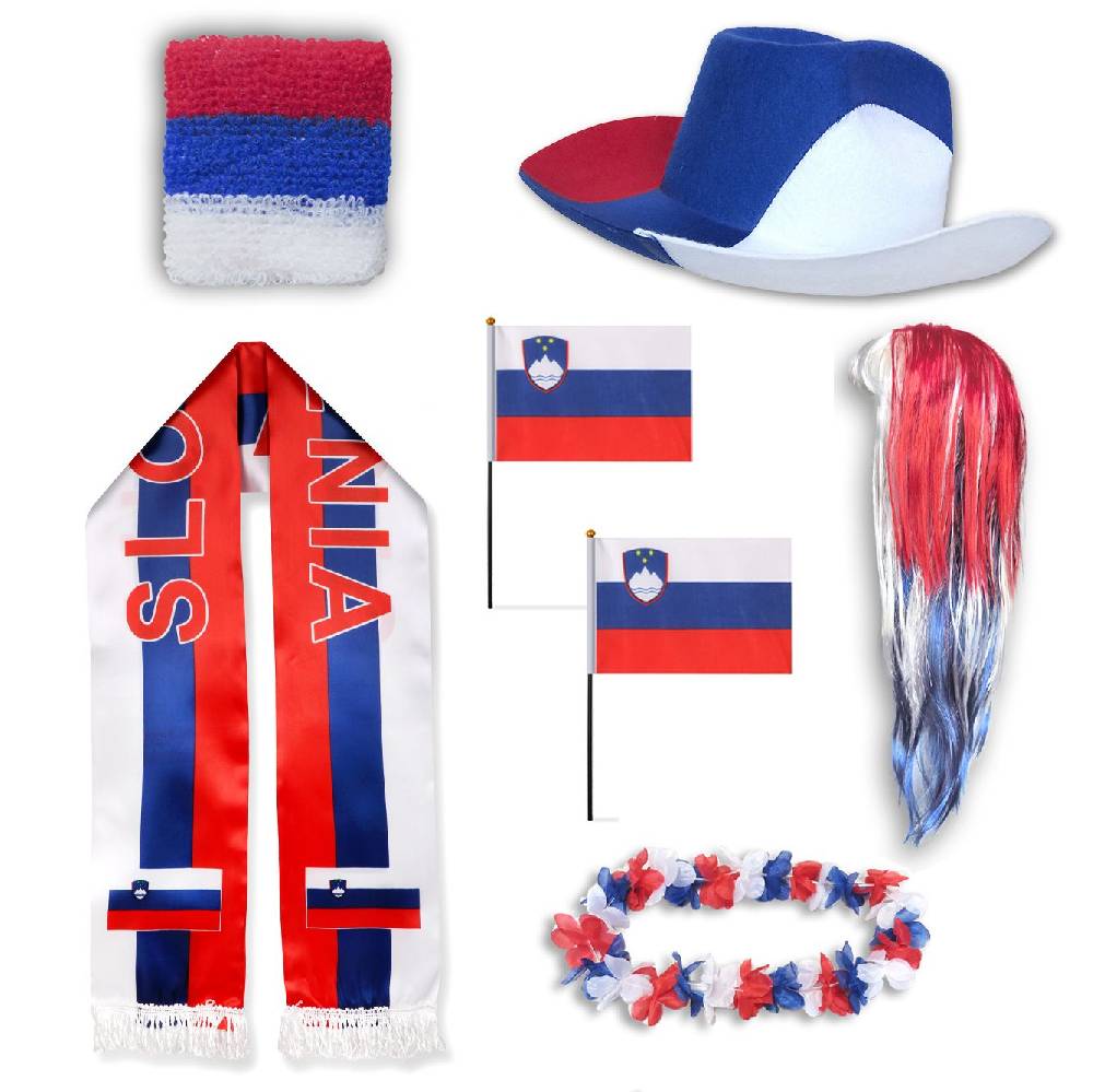 Sonia Originelli Fan-Paket "Slowenien" Slovenia WM EM Fußball Schal Hawaiikette Hut Schweissband Fahne Perücke