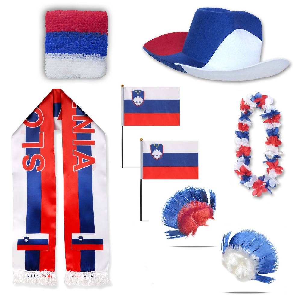 Sonia Originelli Fan-Paket "Slowenien" Slovenia WM EM Fußball Schal Hawaiikette Hut Schweissband Fahne Perücke