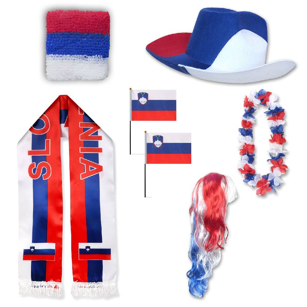 Sonia Originelli Fan-Paket "Slowenien" Slovenia WM EM Fußball Schal Hawaiikette Hut Schweissband Fahne Perücke