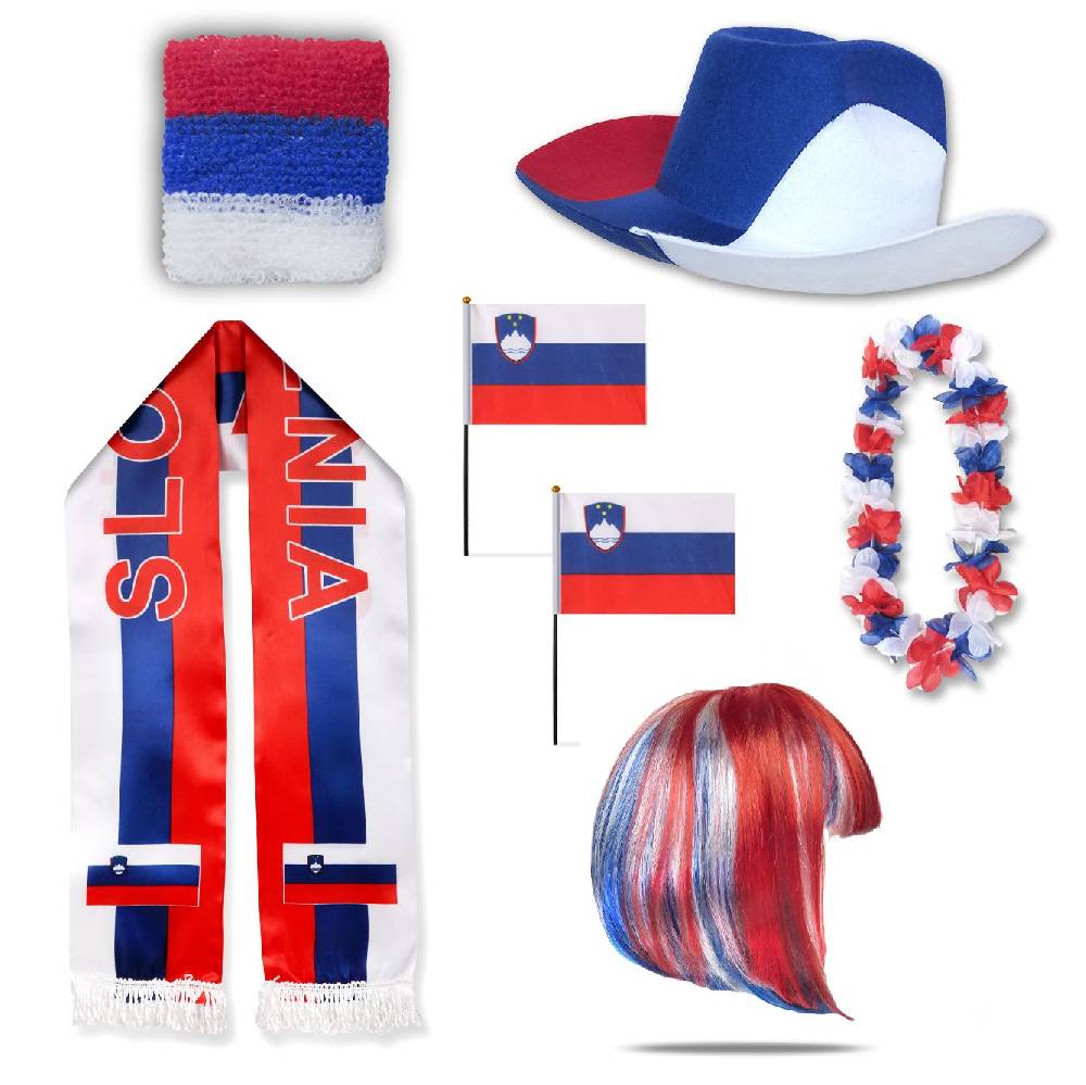 Sonia Originelli Fan-Paket "Slowenien" Slovenia WM EM Fußball Schal Hawaiikette Hut Schweissband Fahne Perücke