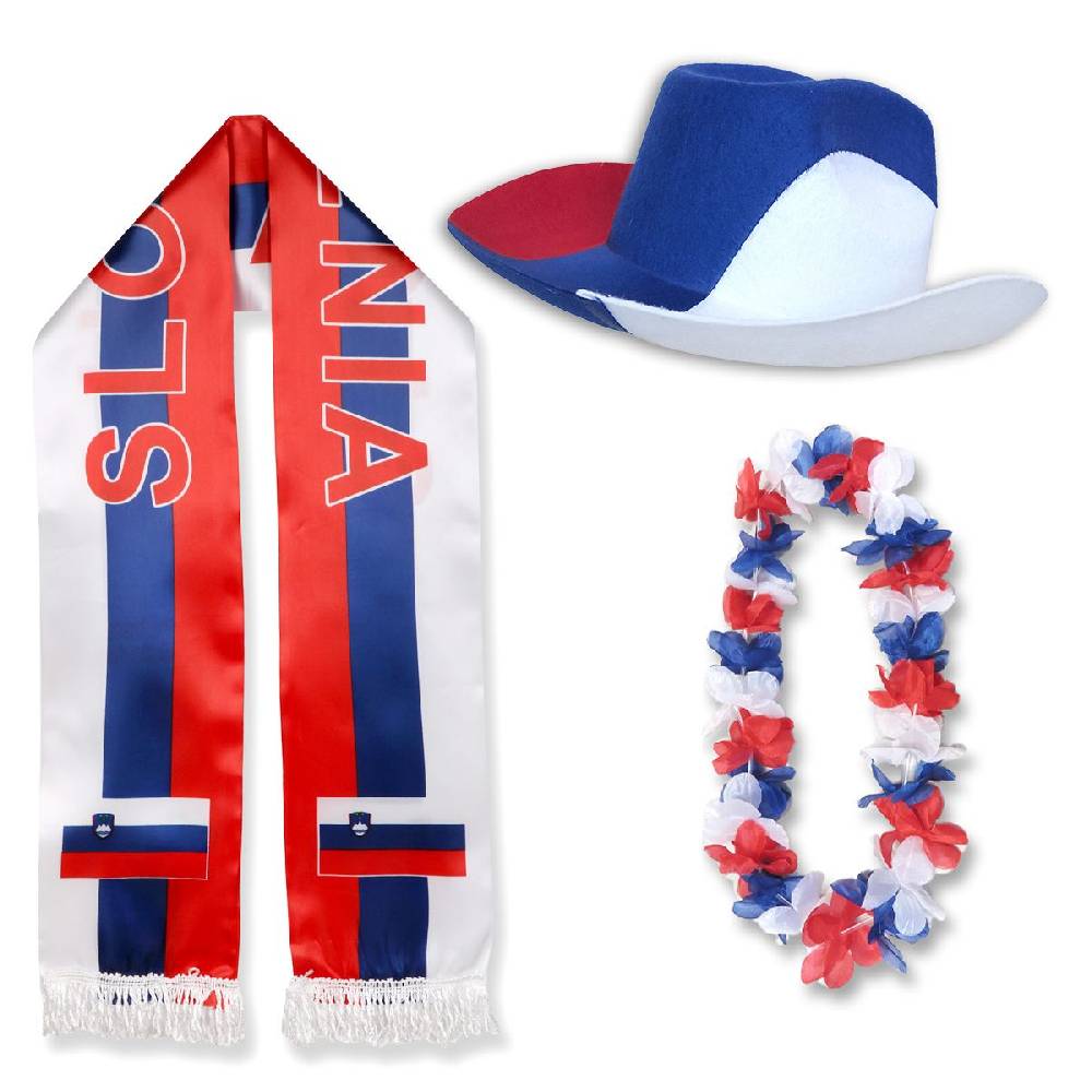 Sonia Originelli Fan-Paket "Slowenien" Slovenia WM EM Fußball Schal Hawaiikette Hut Fanartikel