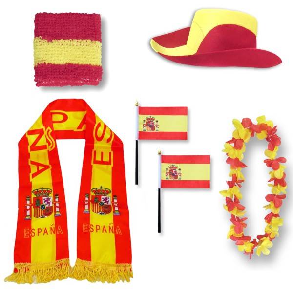 Sonia Originelli Fan-Paket "Spanien" Spain Espana WM EM Fußball Schal Hawaiikette Hut Schweissband Fahne Flagge