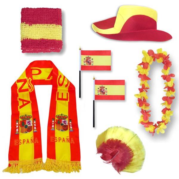 Sonia Originelli Fan-Paket "Spanien" Spain Espana WM EM Fußball Schal Hawaiikette Hut Schweissband Fahne Perücke
