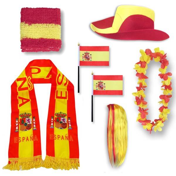 Sonia Originelli Fan-Paket "Spanien" Spain Espana WM EM Fußball Schal Hawaiikette Hut Schweissband Fahne Perücke