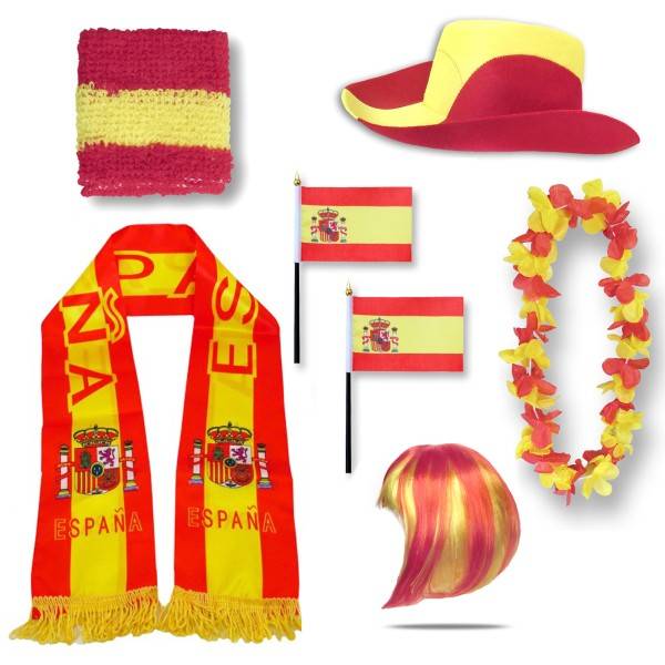Sonia Originelli Fan-Paket "Spanien" Spain Espana WM EM Fußball Schal Hawaiikette Hut Schweissband Fahne Perücke