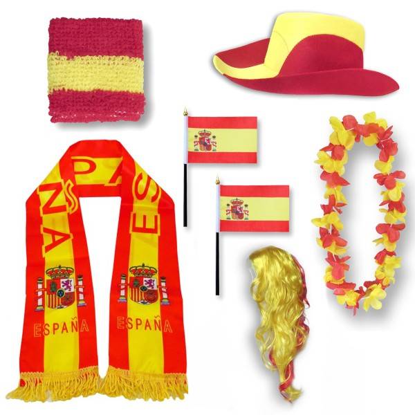 Sonia Originelli Fan-Paket "Spanien" Spain Espana WM EM Fußball Schal Hawaiikette Hut Schweissband Fahne Perücke