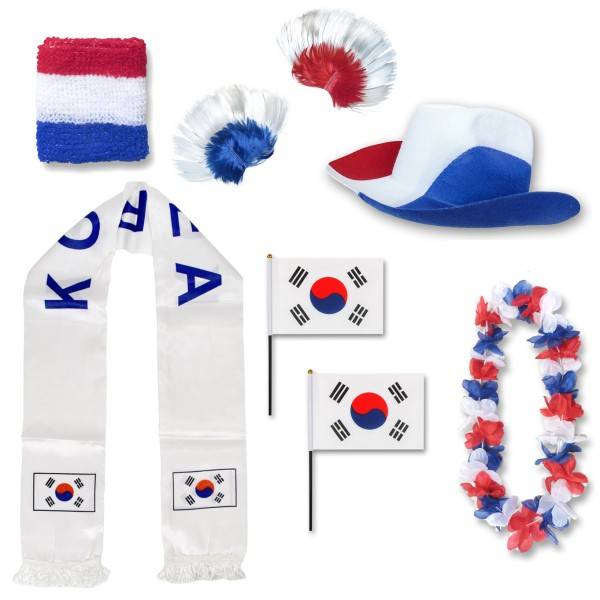 Sonia Originelli Fan-Paket "Südkorea" South Korea WM EM Fußball Schal Hawaiikette Hut Schweissband Fahne Iro Perücke