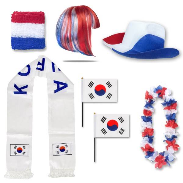 Sonia Originelli Fan-Paket "Südkorea" South Korea WM EM Fußball Schal Hawaiikette Hut Schweissband Fahne Perücke