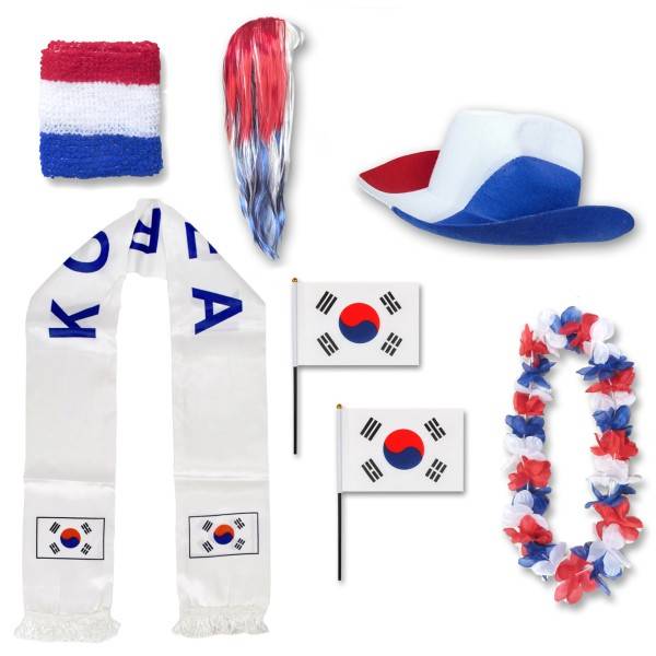 Sonia Originelli Fan-Paket "Südkorea" South Korea WM EM Fußball Schal Hawaiikette Hut Schweissband Fahne Perücke