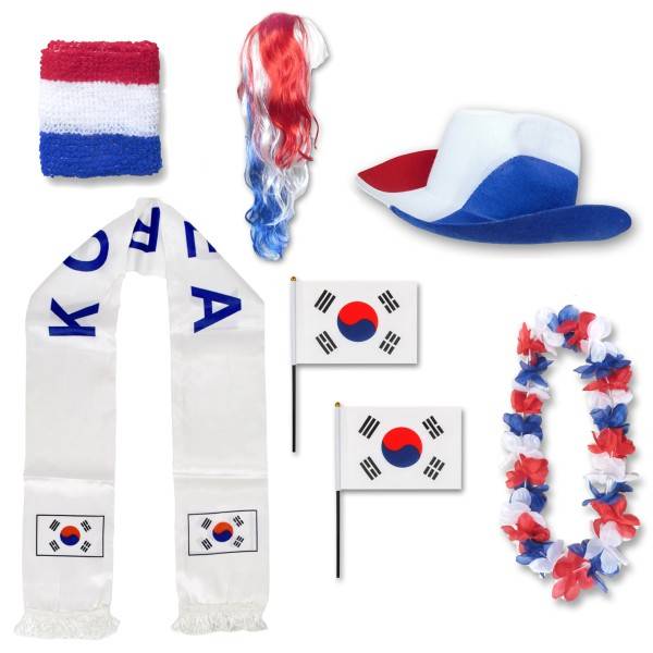 Sonia Originelli Fan-Paket "Südkorea" South Korea WM EM Fußball Schal Hawaiikette Hut Schweissband Fahne Perücke