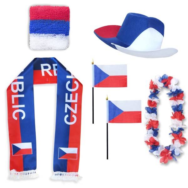 Sonia Originelli Fan-Paket "Tschechien" Czech Republic WM EM Fußball Schal Hawaiikette Hut Schweissband Fahne Flagge