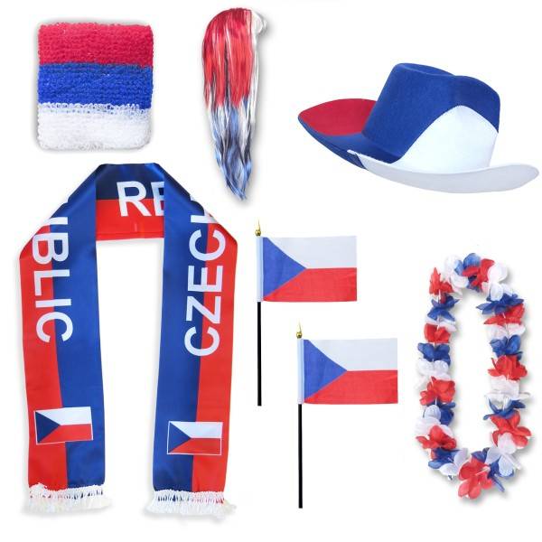 Sonia Originelli Fan-Paket "Tschechien" Czech Republic WM EM Fußball Schal Hawaiikette Hut Schweissband Fahne Perücke