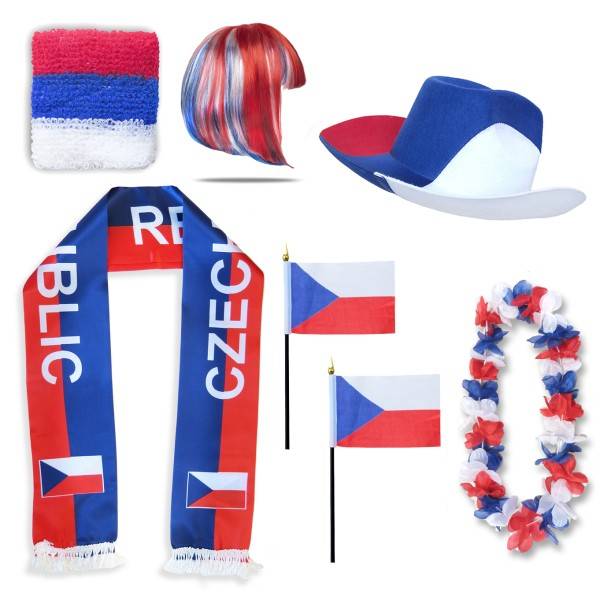 Sonia Originelli Fan-Paket "Tschechien" Czech Republic WM EM Fußball Schal Hawaiikette Hut Schweissband Fahne Perücke