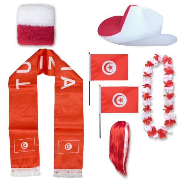 Sonia Originelli Fan-Paket "Tunesien" Tunisia WM EM Fußball Schal Hawaiikette Hut Schweissband Fahne Perücke