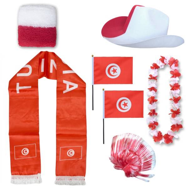 Sonia Originelli Fan-Paket "Tunesien" Tunisia WM EM Fußball Schal Hawaiikette Hut Schweissband Fahne Perücke