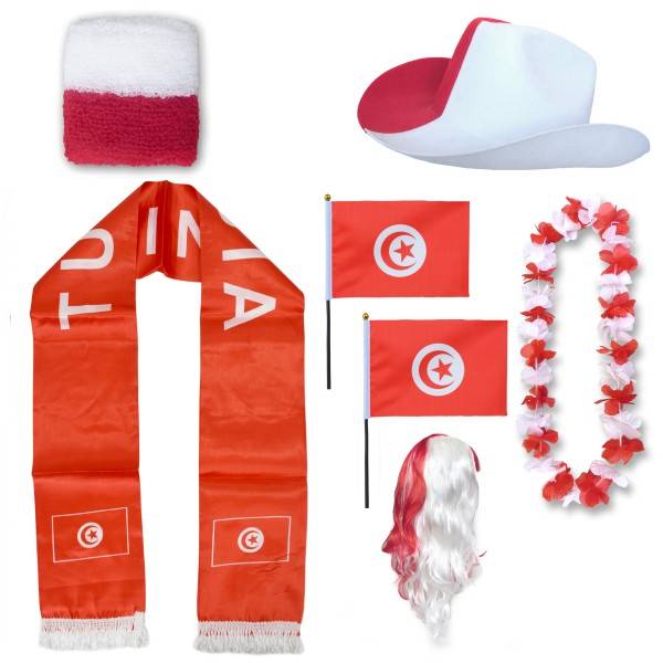 Sonia Originelli Fan-Paket "Tunesien" Tunisia WM EM Fußball Schal Hawaiikette Hut Schweissband Fahne Perücke
