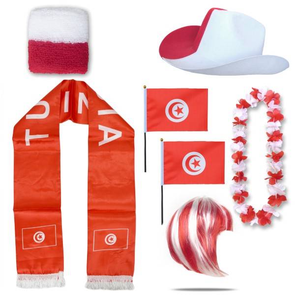 Sonia Originelli Fan-Paket "Tunesien" Tunisia WM EM Fußball Schal Hawaiikette Hut Schweissband Fahne Perücke