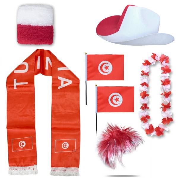 Sonia Originelli Fan-Paket "Tunesien" Tunisia WM EM Fußball Schal Hawaiikette Hut Schweissband Fahne Perücke
