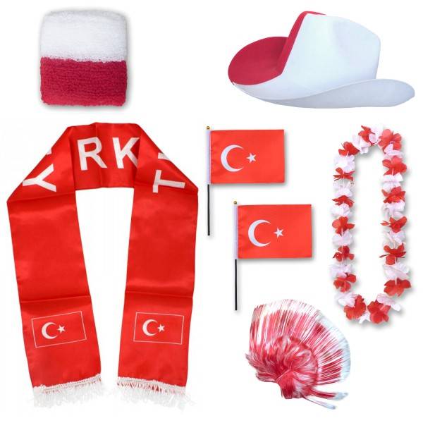 Sonia Originelli Fan-Paket "Türkei" Turkey Türkiye WM EM Fußball Schal Hawaiikette Hut Schweissband Fahne Perücke