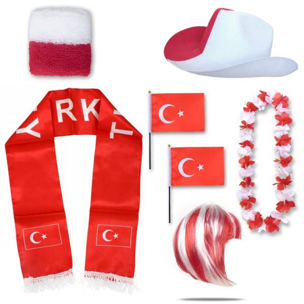 Sonia Originelli Fan-Paket "Türkei" Turkey Türkiye WM EM Fußball Schal Hawaiikette Hut Schweissband Fahne Perücke
