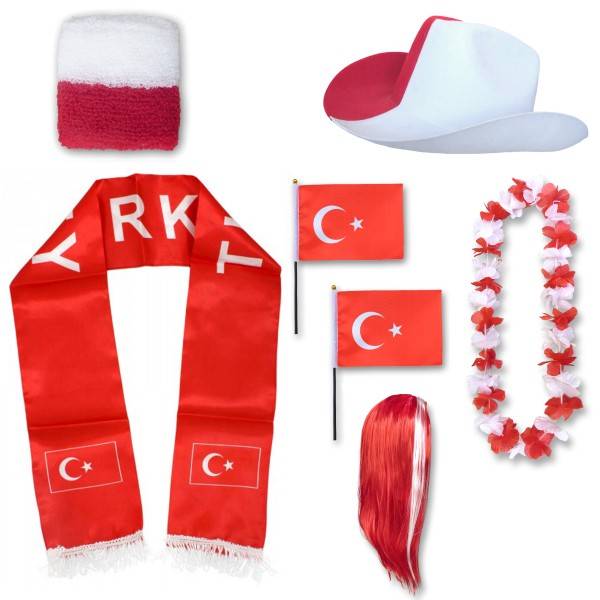 Sonia Originelli Fan-Paket "Türkei" Turkey Türkiye WM EM Fußball Schal Hawaiikette Hut Schweissband Fahne Perücke