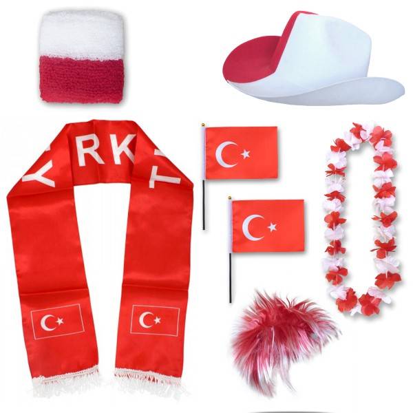 Sonia Originelli Fan-Paket "Türkei" Turkey Türkiye WM EM Fußball Schal Hawaiikette Hut Schweissband Fahne Perücke