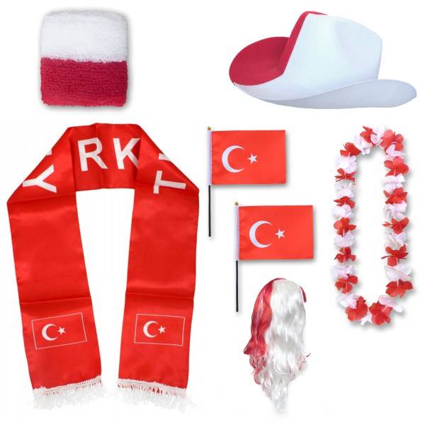 Sonia Originelli Fan-Paket "Türkei" Turkey Türkiye WM EM Fußball Schal Hawaiikette Hut Schweissband Fahne Perücke