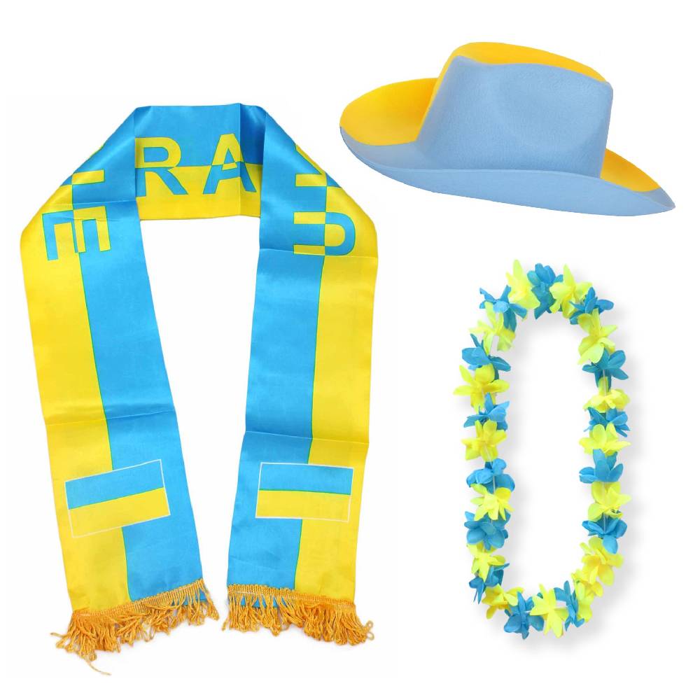 Sonia Originelli Fan-Paket "Ukraine" Ukrain WM EM Fußball Schal Hawaiikette Hut Fanartikel