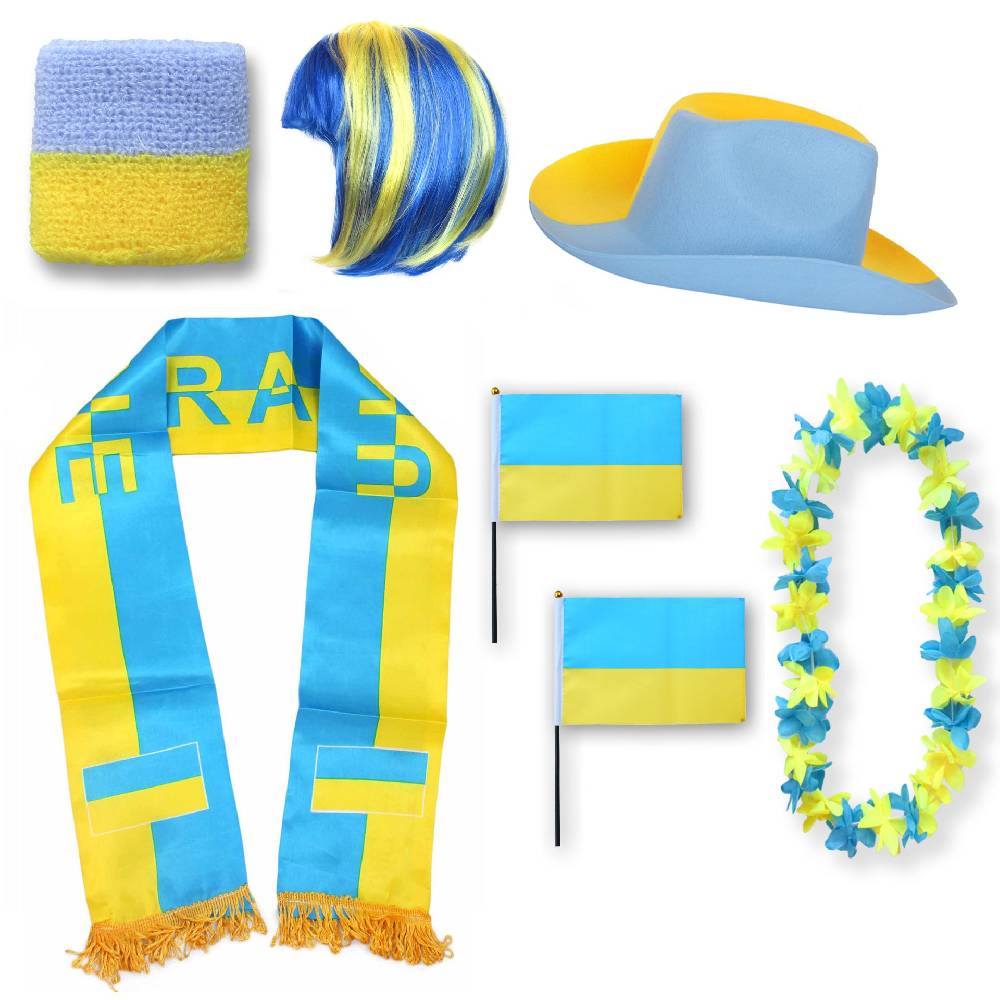 Sonia Originelli Fan-Paket "Ukraine" WM EM Fußball Schal Hawaiikette Hut Schweissband Fahne Perücke