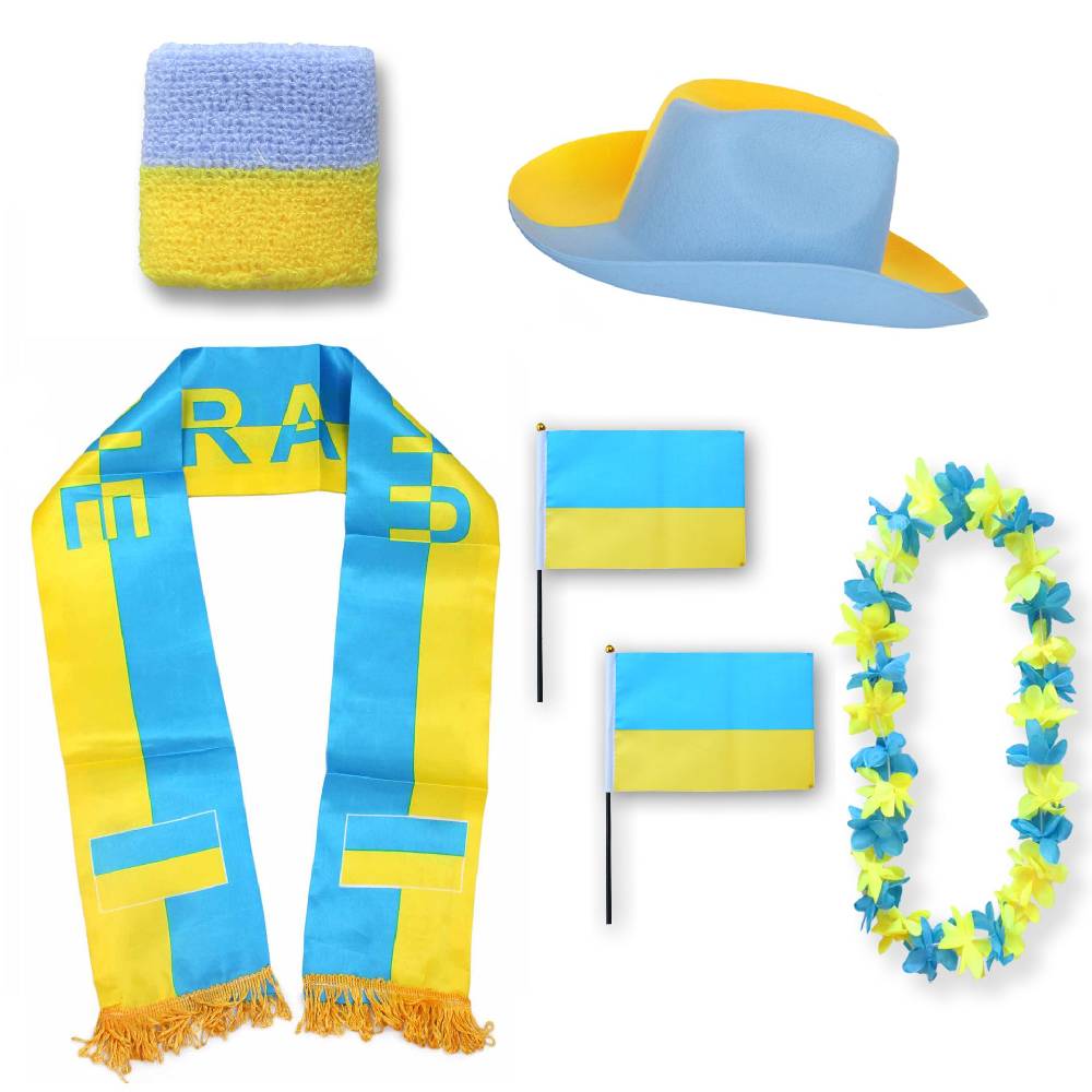 Sonia Originelli Fan-Paket "Ukraine" WM EM Fußball Schal Hawaiikette Hut Schweissband Fahne Flagge