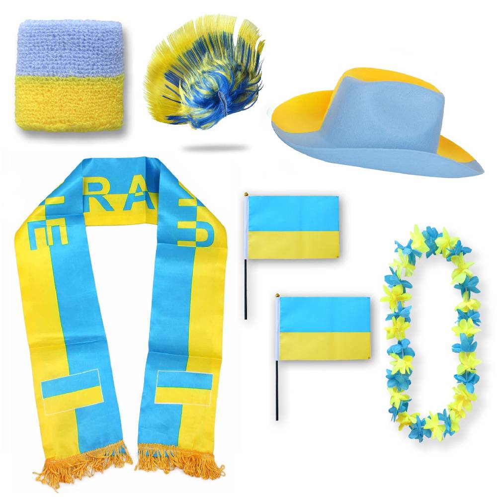 Sonia Originelli Fan-Paket "Ukraine" WM EM Fußball Schal Hawaiikette Hut Schweissband Fahne Iro Perücke
