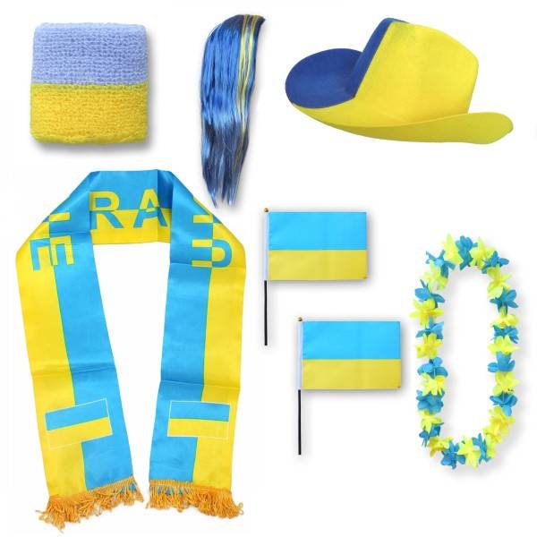 Sonia Originelli Fan-Paket "Ukraine" WM EM Fußball Schal Hawaiikette Hut Schweissband Fahne Perücke