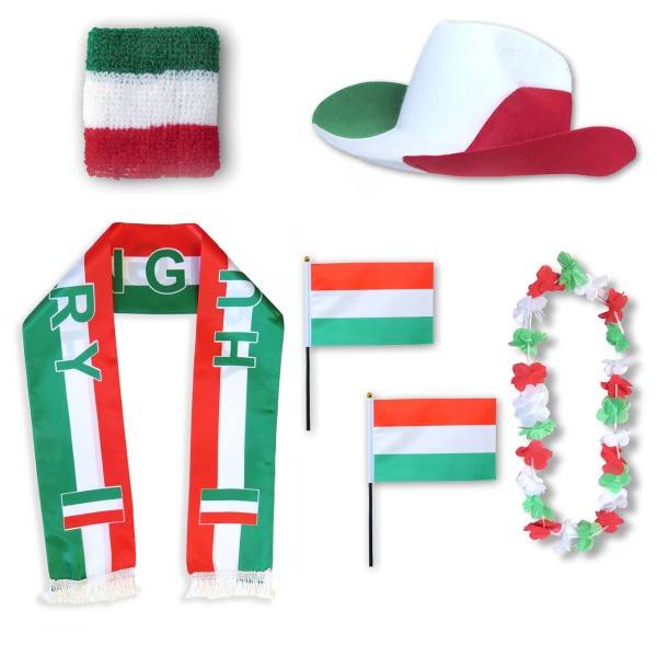 Sonia Originelli Fan-Paket "Ungarn" Hungary WM EM Fußball Schal Hawaiikette Hut Schweissband Fahne Flagge