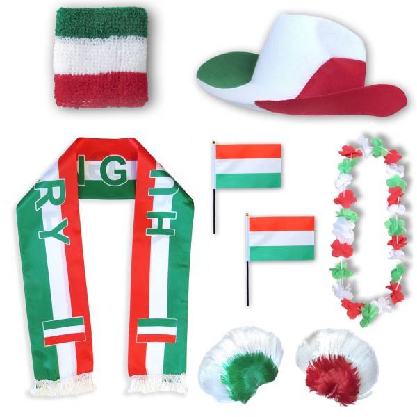 Sonia Originelli Fan-Paket "Ungarn" Hungary WM EM Fußball Schal Hawaiikette Hut Schweissband Fahne Perücke