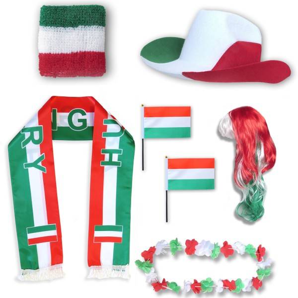 Sonia Originelli Fan-Paket "Ungarn" Hungary WM EM Fußball Schal Hawaiikette Hut Schweissband Fahne Perücke
