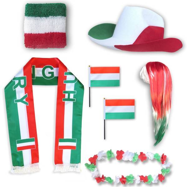 Sonia Originelli Fan-Paket "Ungarn" Hungary WM EM Fußball Schal Hawaiikette Hut Schweissband Fahne Perücke