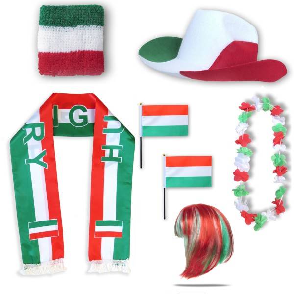 Sonia Originelli Fan-Paket "Ungarn" Hungary WM EM Fußball Schal Hawaiikette Hut Schweissband Fahne Perücke