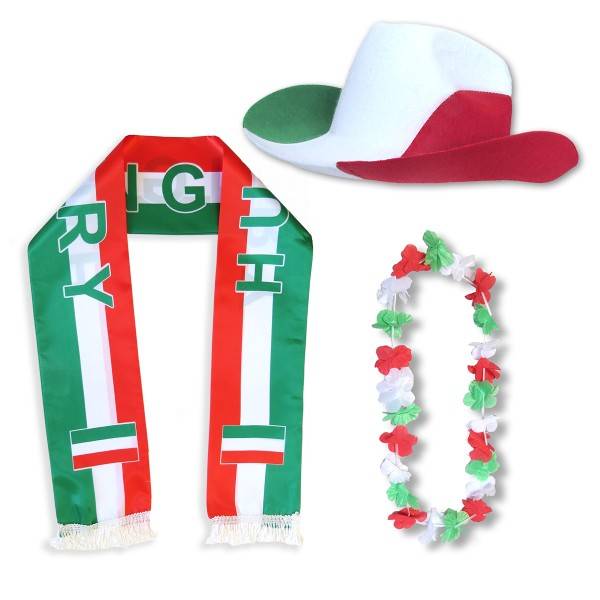 Sonia Originelli Fan-Paket "Ungarn" Hungary WM EM Fußball Schal Hawaiikette Hut Fanartikel