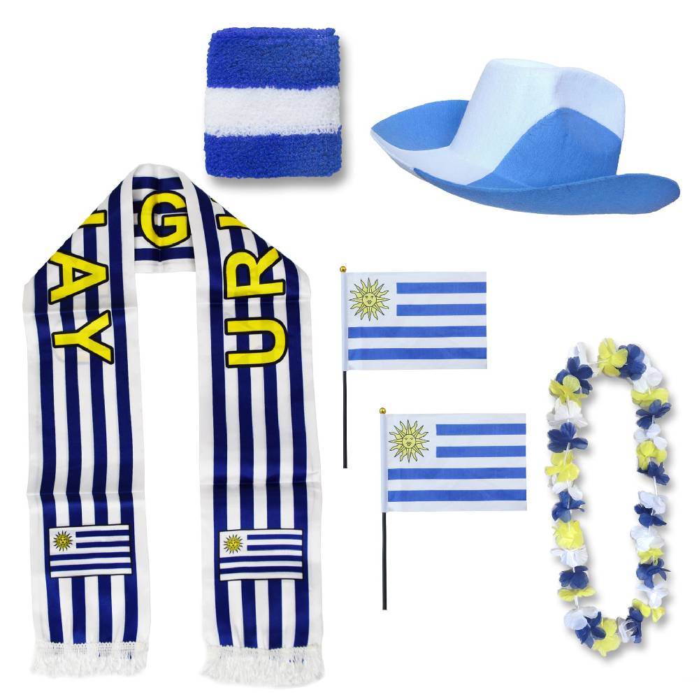 Sonia Originelli Fan-Paket "Uruguay" WM EM Fußball Schal Hawaiikette Hut Schweissband Fahne Flagge