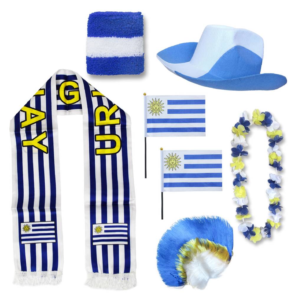 Sonia Originelli Fan-Paket "Uruguay" WM EM Fußball Schal Hawaiikette Hut Schweissband Fahne Perücke
