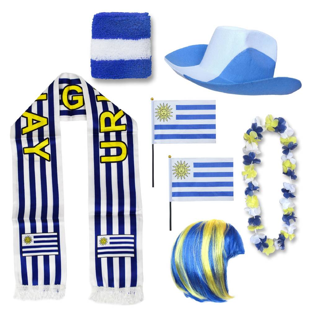 Sonia Originelli Fan-Paket "Uruguay" WM EM Fußball Schal Hawaiikette Hut Schweissband Fahne Perücke