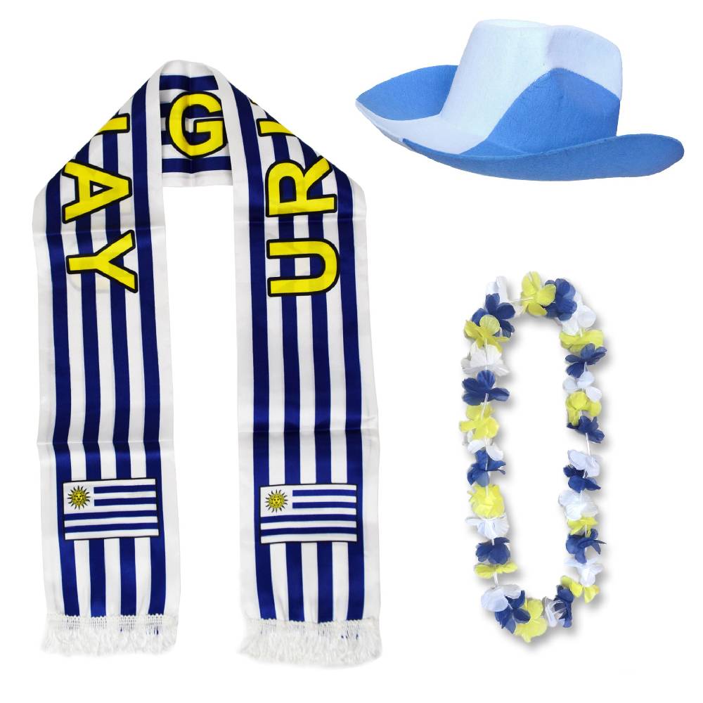 Sonia Originelli Fan-Paket "Uruguay" WM EM Fußball Schal Hawaiikette Hut Fanartikel