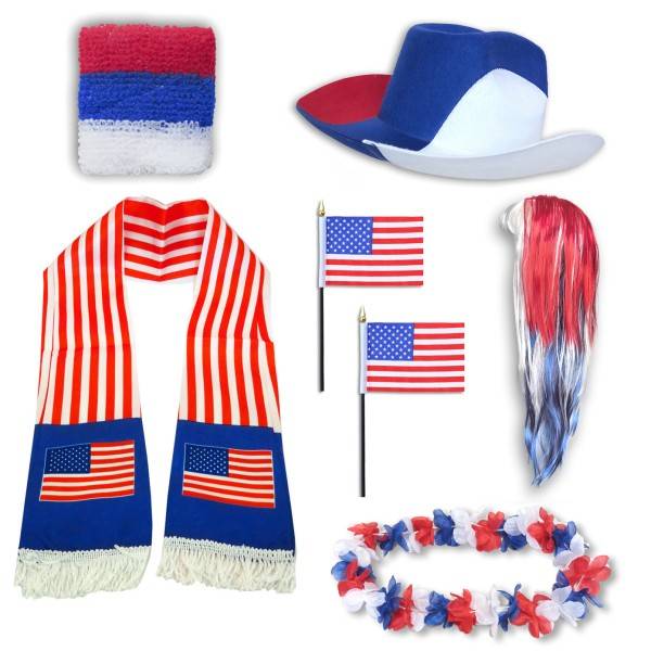Sonia Originelli Fan-Paket "USA" Amerika America WM EM Fußball Schal Hawaiikette Hut Schweissband Fahne Perücke