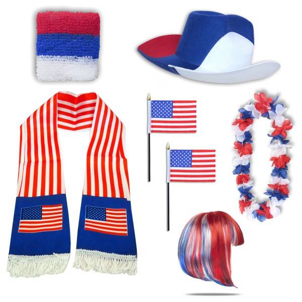 Sonia Originelli Fan-Paket "USA" Amerika America WM EM Fußball Schal Hawaiikette Hut Schweissband Fahne Perücke