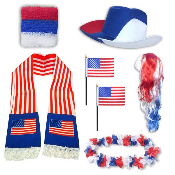 Sonia Originelli Fan-Paket "USA" Amerika America WM EM Fußball Schal Hawaiikette Hut Schweissband Fahne Perücke