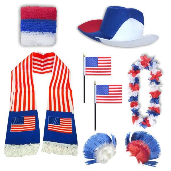 Sonia Originelli Fan-Paket "USA" Amerika America WM EM Fußball Schal Hawaiikette Hut Schweissband Fahne Iro Perücke
