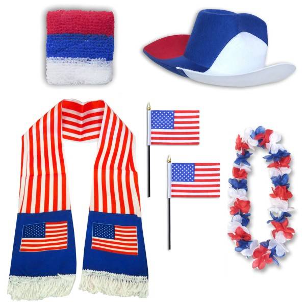 Sonia Originelli Fan-Paket "USA" United States Amerika America WM EM Fußball Schal Hawaiikette Hut Schweissband Fahne
