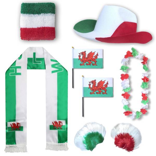 Sonia Originelli Fan-Paket "Wales" WM EM Fußball Schal Hawaiikette Hut Schweissband Fahne Perücke