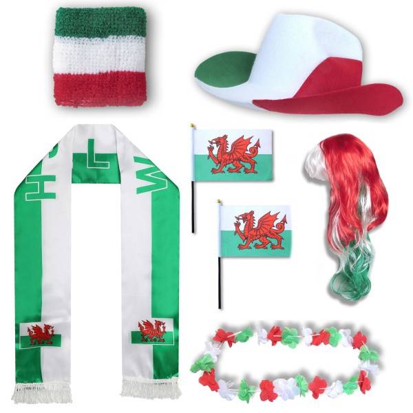 Sonia Originelli Fan-Paket "Wales" WM EM Fußball Schal Hawaiikette Hut Schweissband Fahne Perücke